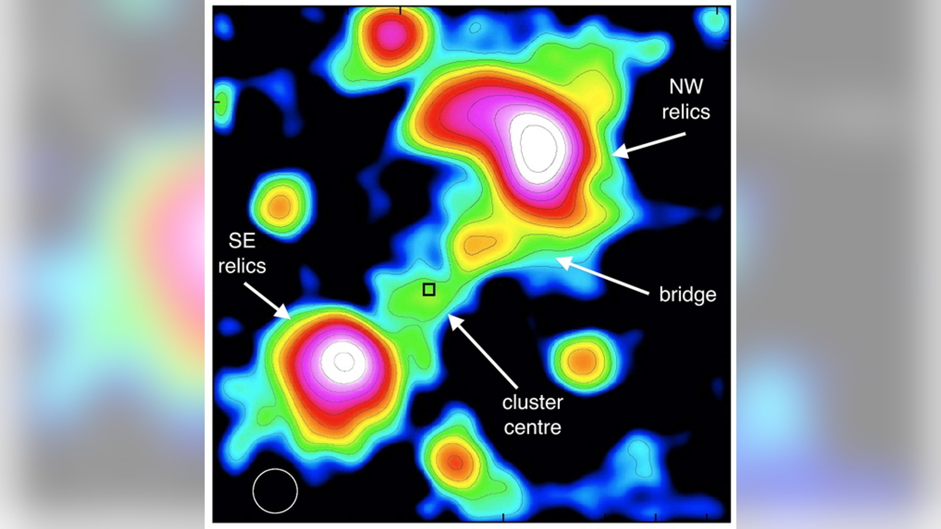 A picture of the galaxy cluster Abell 3667, including the newly found bridge-like structure about 13 million light years long