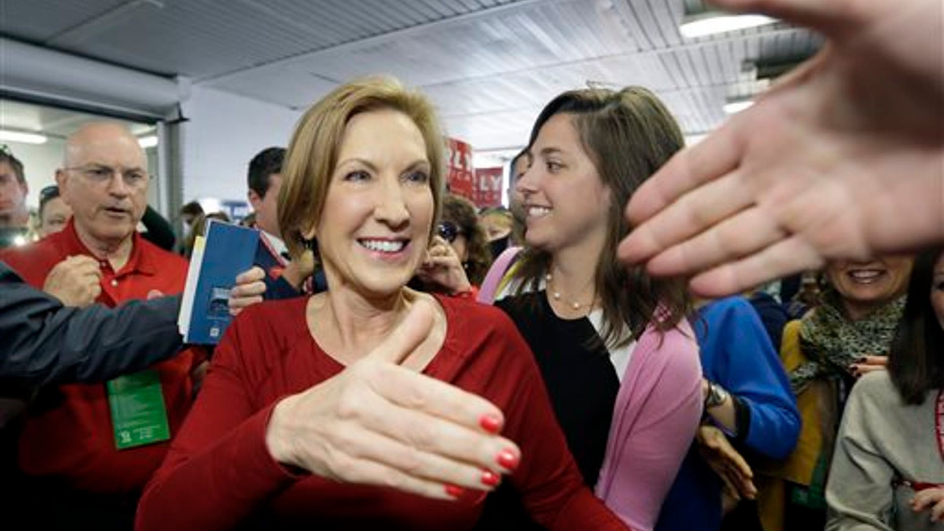 FILE: Sept. 19, 2015: GOP presidential candidate Carly Fiorina at the 2016 Mackinac Republican Leadership Conference, Saturday, Mackinac Island, Mich. (AP)