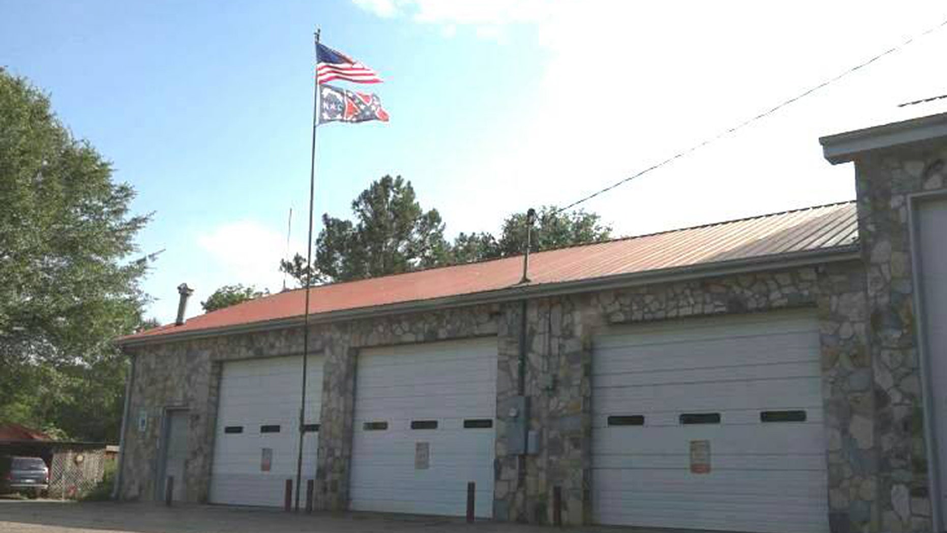 The Uwharrie Volunteer Fire Department is seen in Troy, North Carolina flying a Confederate flag.