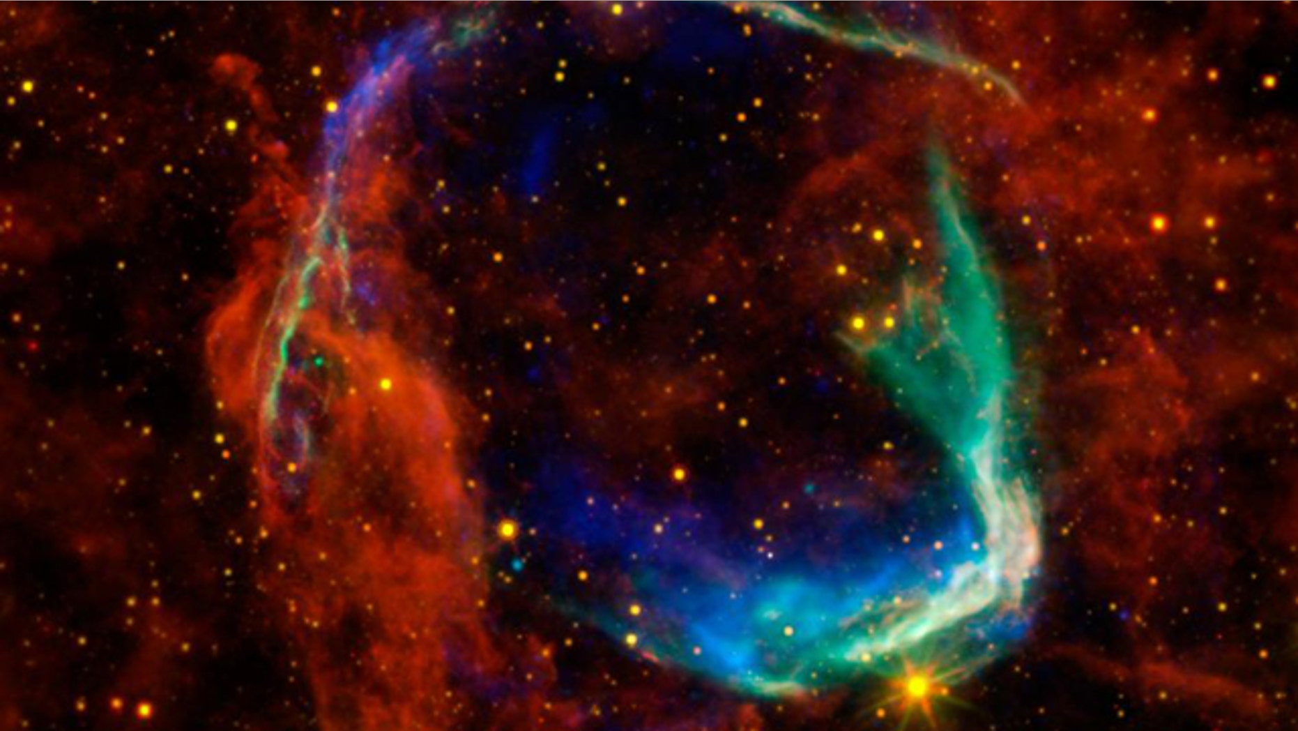 This image combines data from four different space telescopes to create a multi-wavelength view of all that remains of the oldest documented example of a supernova, called RCW 86. The Chinese witnessed the event in 185 A.D., documenting a mysterious "guest star" that remained in the sky for eight months.