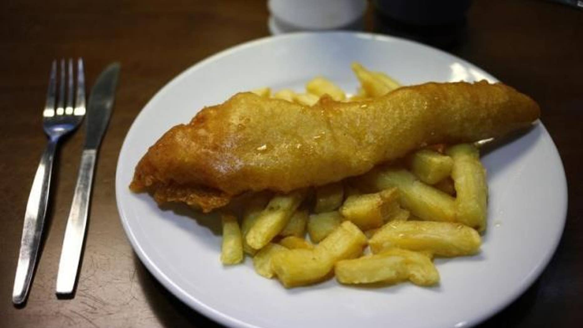 Sept. 8, 2013: Fish and chips are seen in a sea front cafe in Blackpool, northern England.