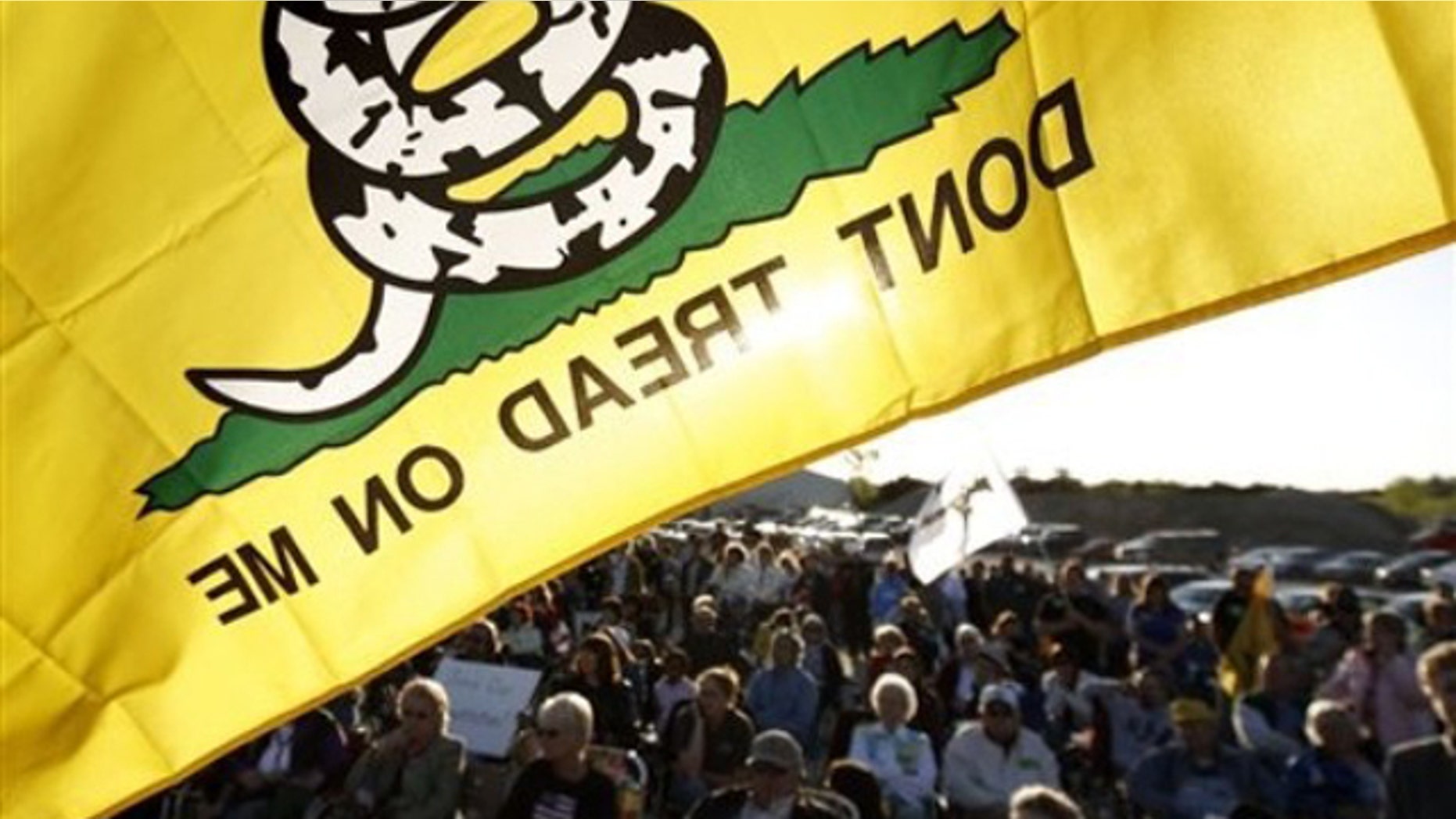 In this April 27 photo, a 'Don't Tread On Me' flag flies over Republican and Tea Party protesters during a rally at Leo O'Laughlin Inc. on the eve of President Obama's visit to Macon, Mo. (AP Photo)