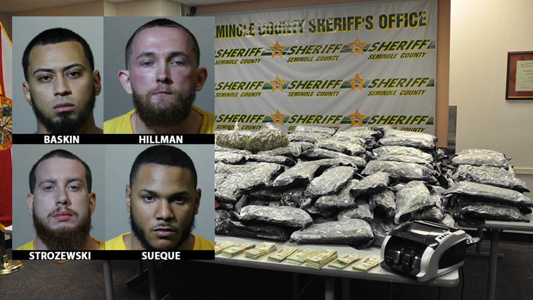 Kadin Baskin, Craig Hillman, Michael Strozewski, and Angelo Sueque were arrested after Florida sheriffs found 430 pounds of marijuana.