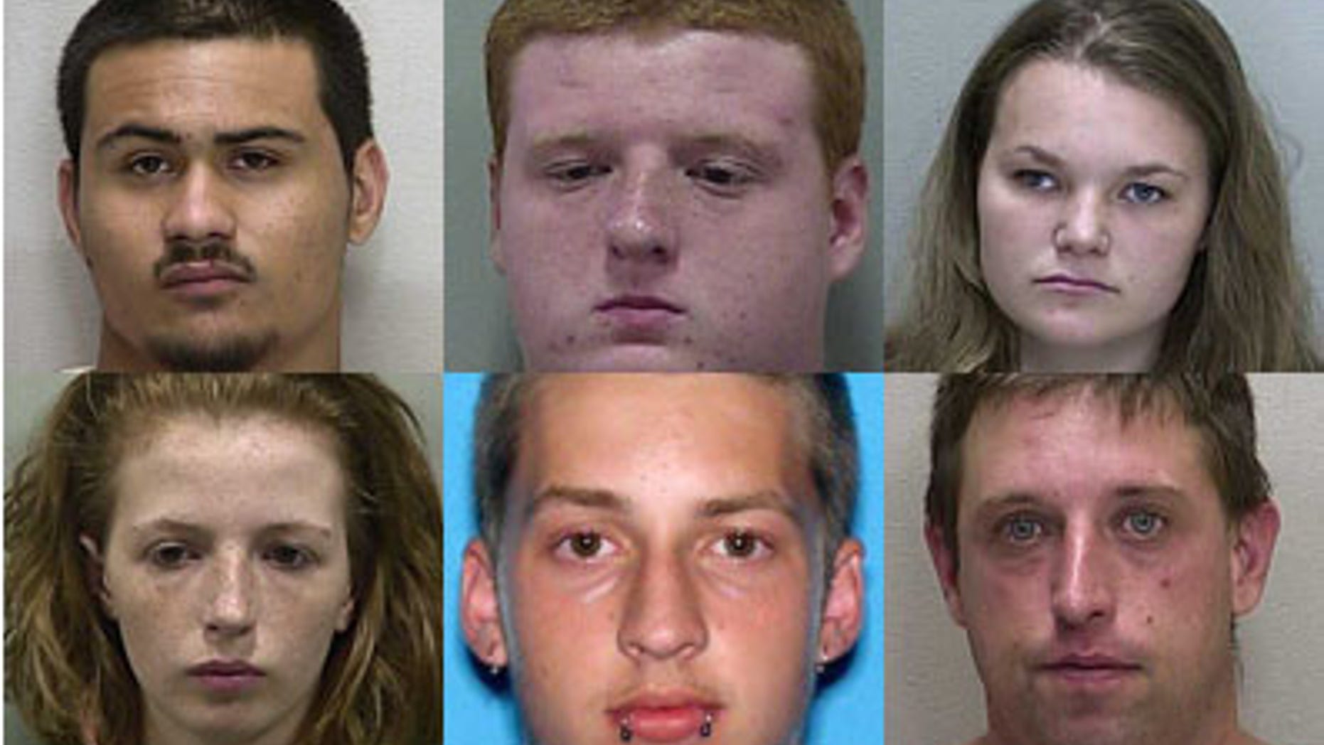The six suspects in connection with the crime. Pictured clockwise: Justin Soto, Kyle Hooper, Charlie Kay Ely, James Havens, Michael Bargo, Amber Wright.