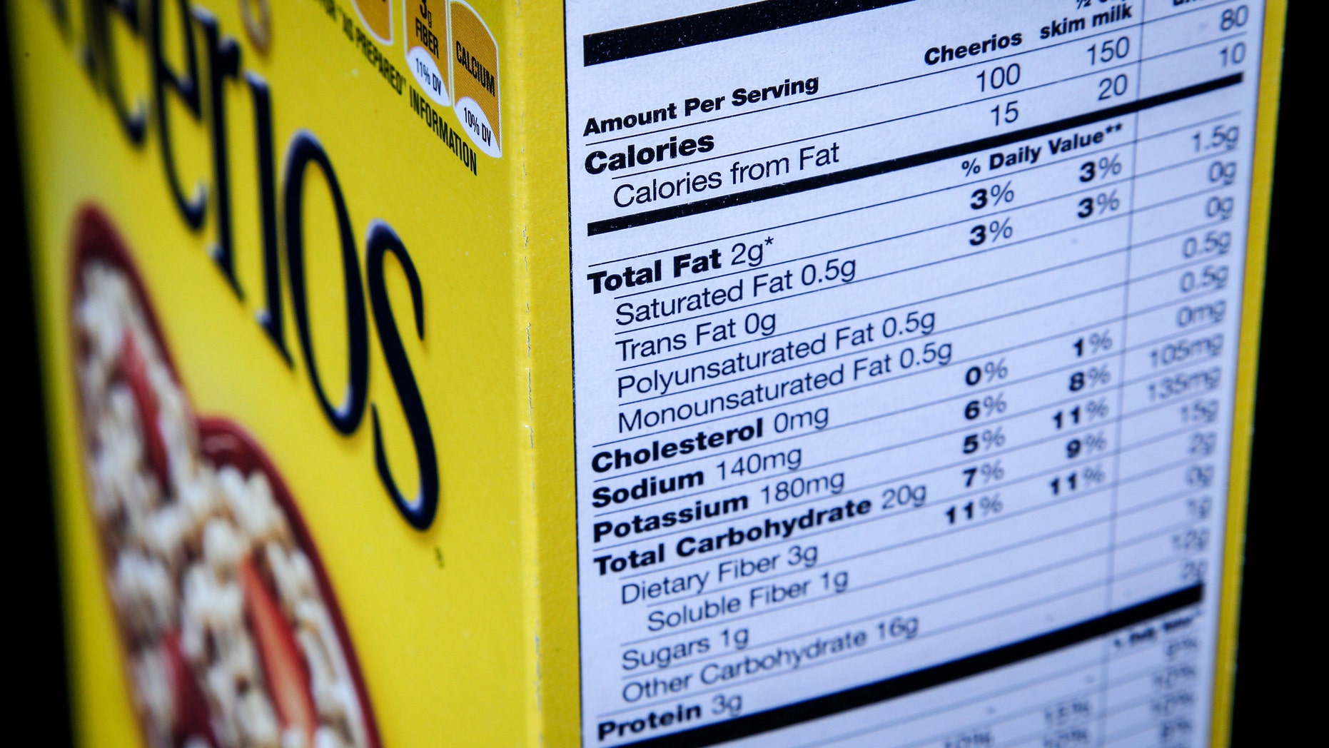 FILE - In this Jan. 23, 2014 file photo, the nutrition facts label on the side of a cereal box is photographed in Washington. Nutrition facts labels on food packages are getting a long-awaited makeover, with calories listed in bigger, bolder type and a new line for added sugars. (AP Photo/J. David Ake, File)