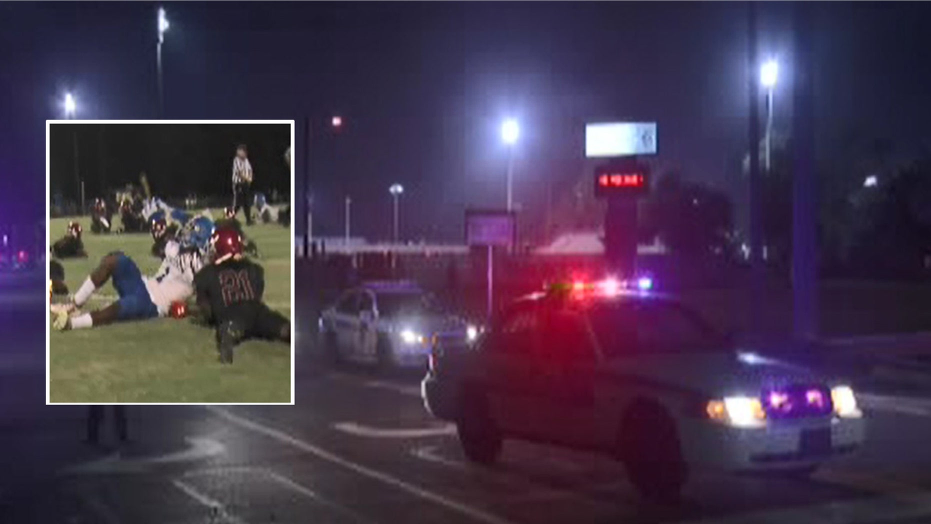 Players are seen ducking for cover, inset, at Raines High School in Jacksonville, Fla., on Friday night. Police responded after gunfire at the game.