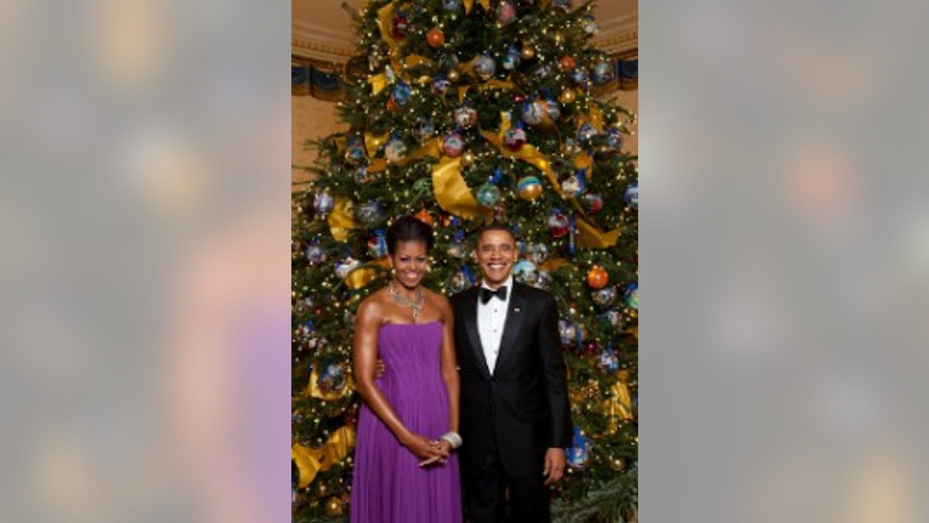 President Barack Obama and First Lady Michelle Obama pose for a formal portrait in front of the official White House Christmas Tree in the Blue Room of the White House, Dec. 6, 2009. (Official White House Photo by Lawrence Jackson)