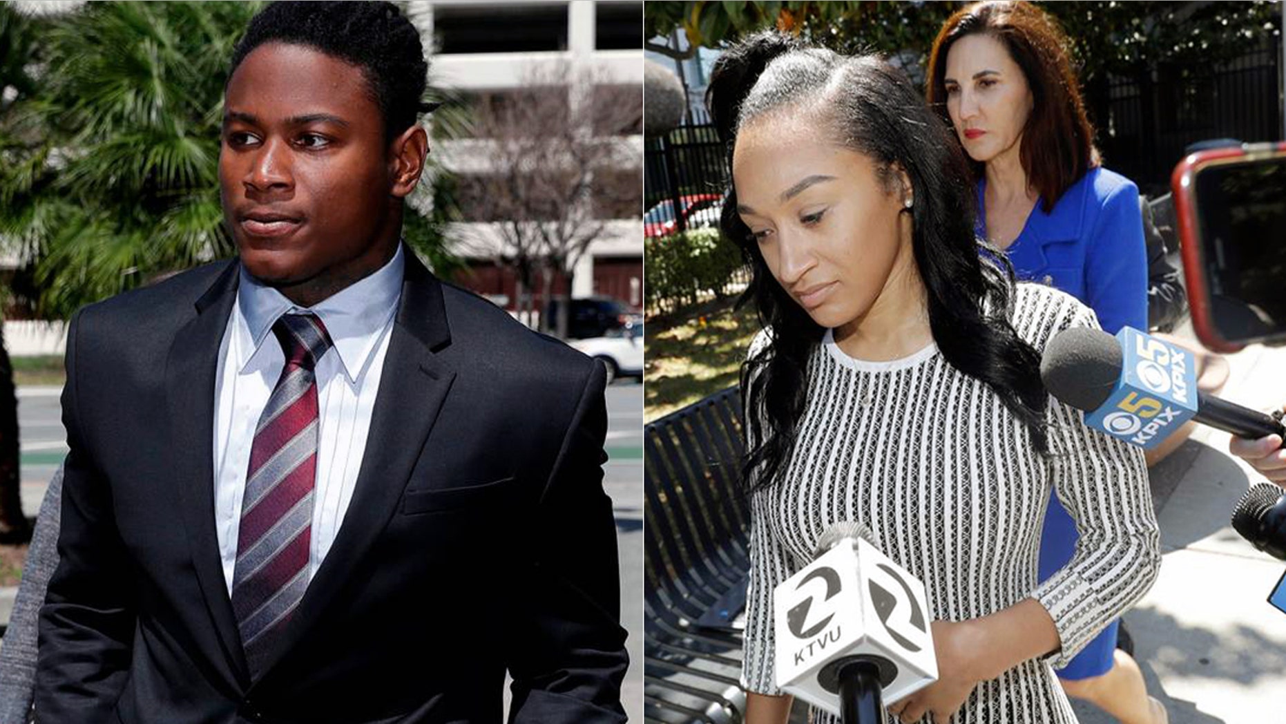 At left, Reuben Foster walks into court last month. At right, Elissa Ennis leaves court with attorney Stephanie Rickard Thursday.