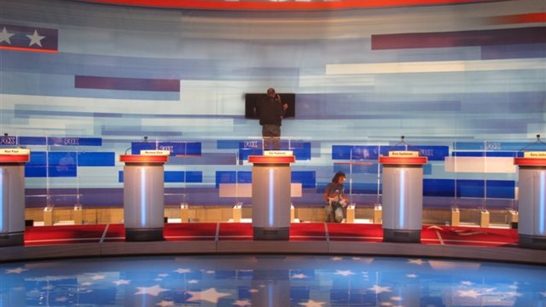 The stage is constructed ahead of the first 2012 presidential debate hosted by FOX News in Greenville, S.C. (Katy Ricalde/Fox News Photo)