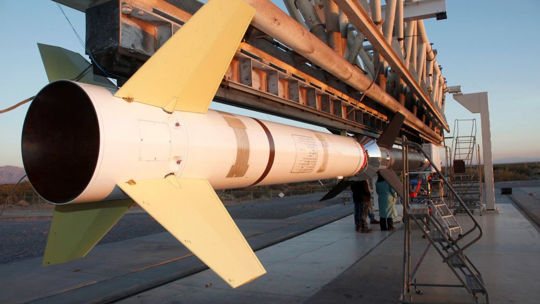 The sounding rocket carrying the first flight of FOXSI, an instrument gathering X-ray data about the sun, before its launch in 2012.