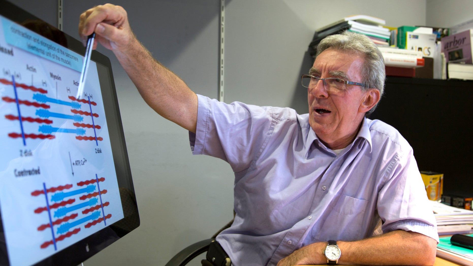 In this Oct. 2014 photo, provided by the University of Strasbourg (Unistra) Nobel laureate Jean-Pierre Sauvage speaks during an interview in Strasbourg, eastern France.