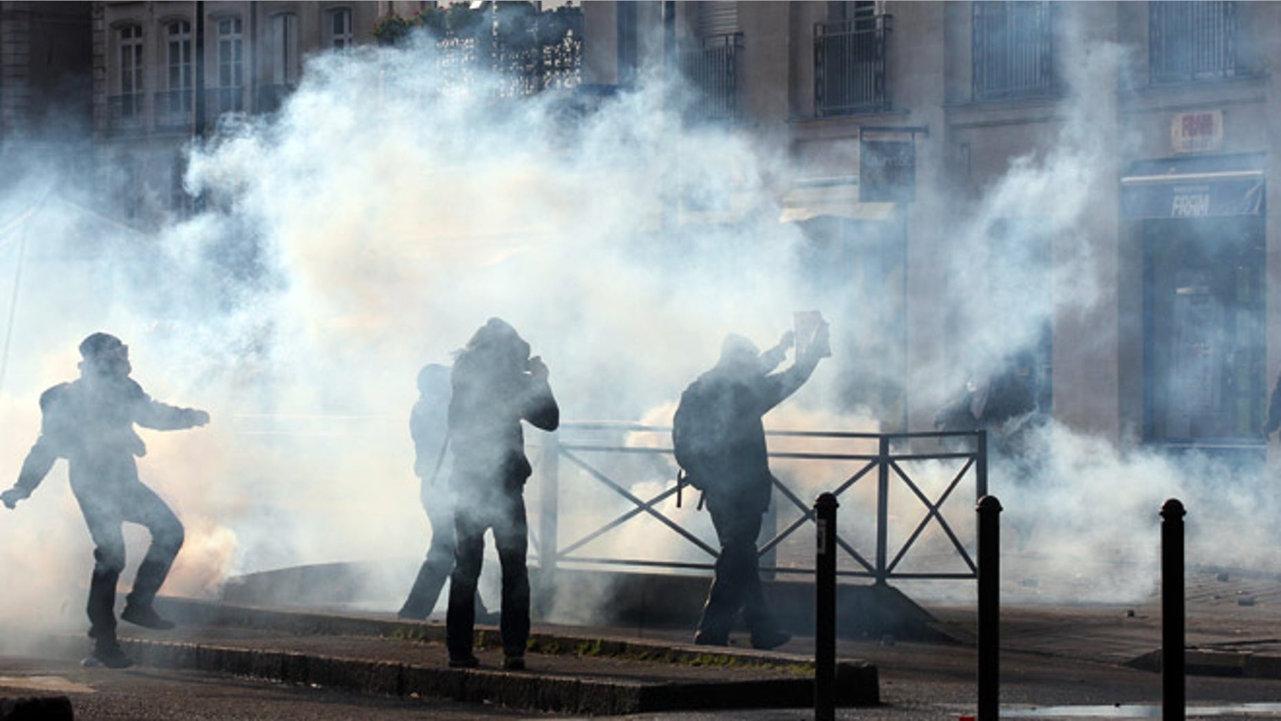 Feb. 22, 2014: Demonstrators clash with French riot police during a demonstration in Nantes as part of a protest against a project to build an international airport, in Notre Dame des Landes, near Nantes.