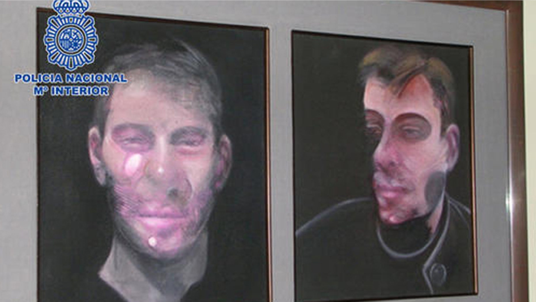 In this photo released by the Spanish Interior Ministry on Saturday, May 28, 2016, one the five paintings by the Irish-born painter Francis Bacon recovered by the Spanish Police, is displayed. Spanish police say they have arrested seven people suspected of involvement in stealing five paintings by painter Francis Bacon worth 25 million euros ($27.8 million). (Spanish Interior Ministry via AP)