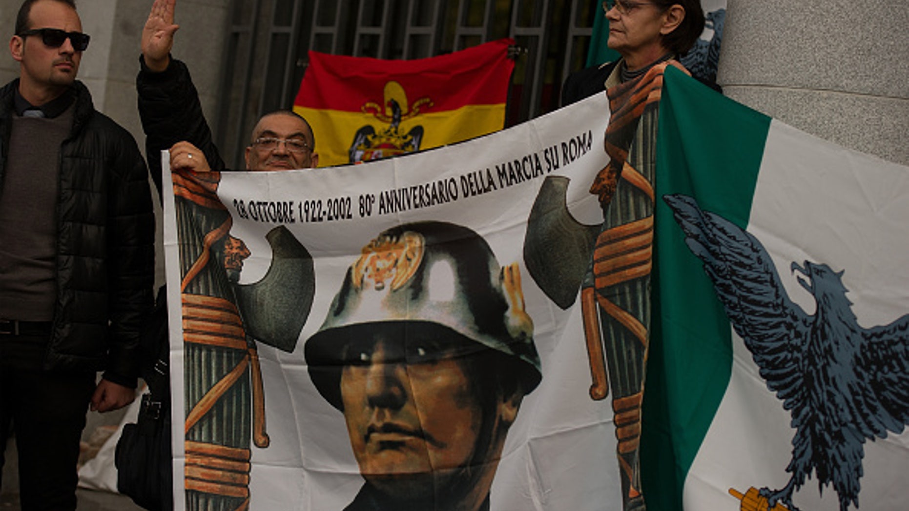 MADRID, SPAIN - NOVEMBER 23: Italian fascists attend a rally to celebrate the 39th anniversary of the death of Spanish dictator General Francisco Franco at Plaza Oriente square in Madrid, Spain.