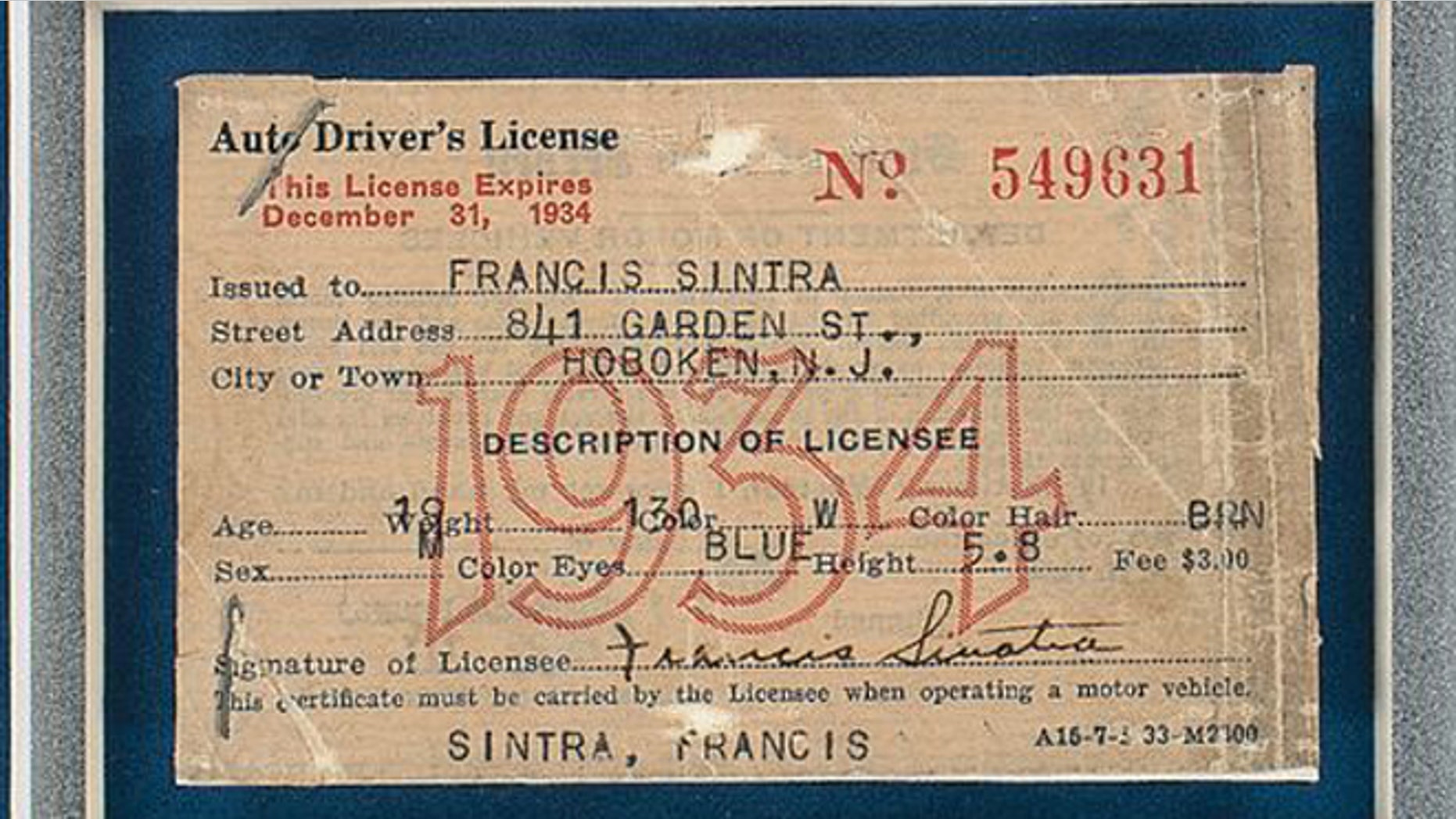 State-issued license sells for over $15,000 and confirms that Frank Sinatra had blue eyes.