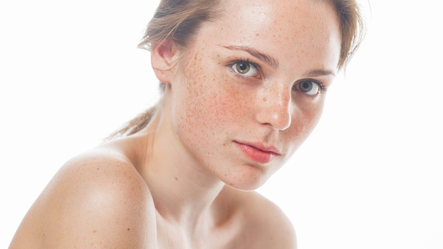 Woman studio beauty portrait happy healthy skin with long hair