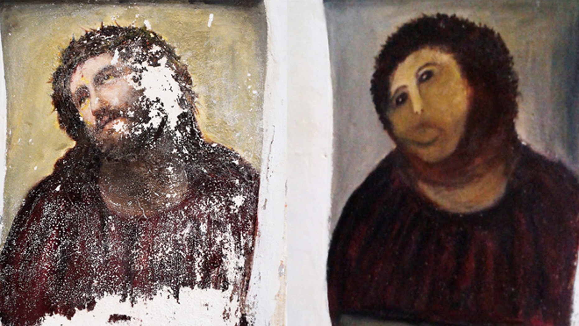 This combination of two undated handout photos shows the 20th century Ecce Homo-style fresco of Christ before (left) and after (right).