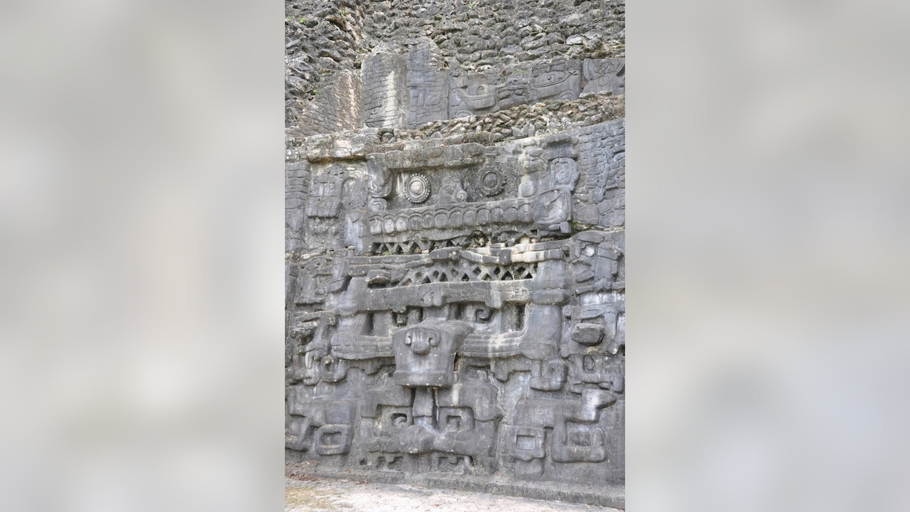 An example of the elaborate stone carvings made by Classical Mayans. This frieze is in Caracol, Belize.