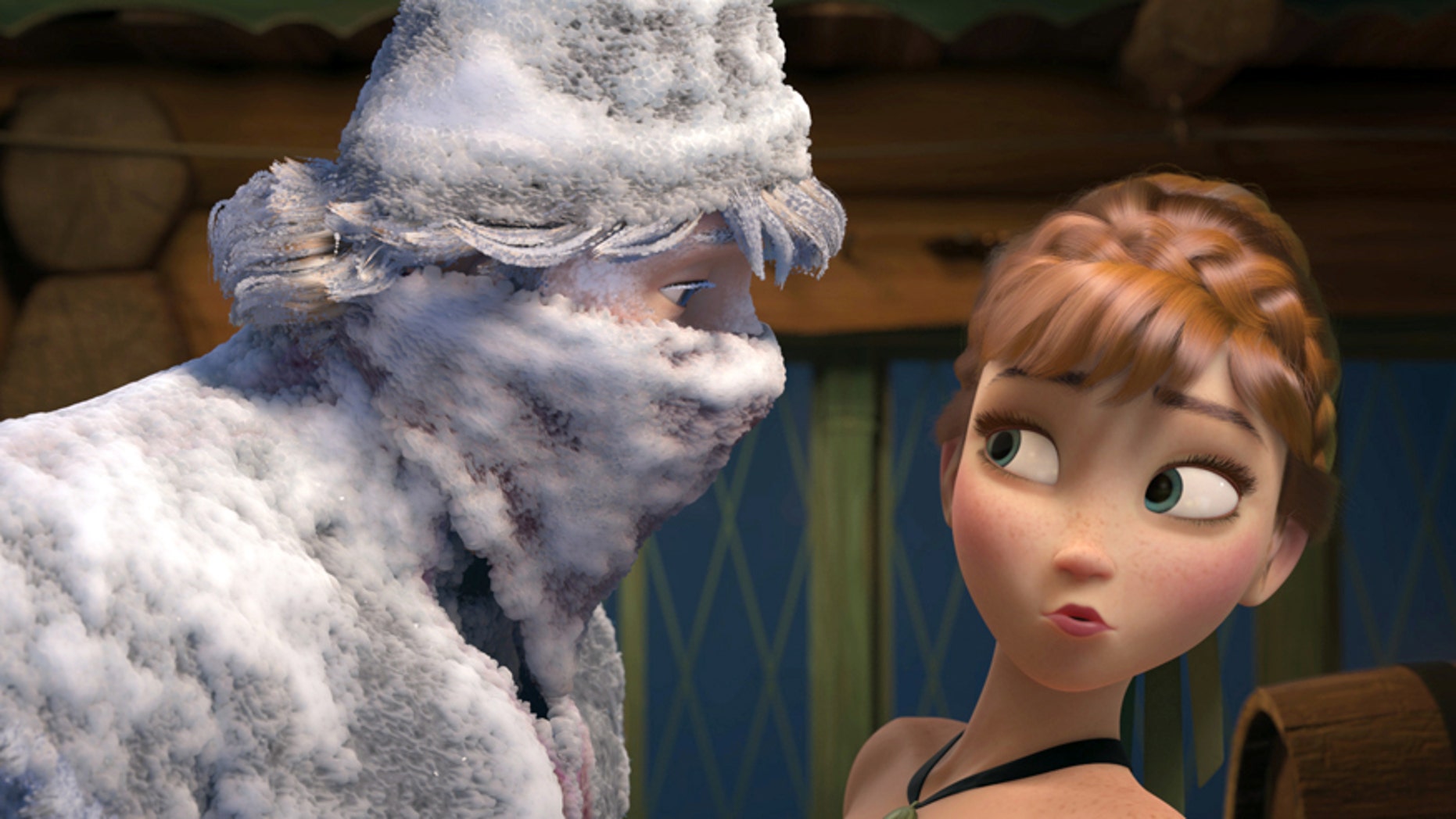 This image released by Disney shows Kristoff, voiced by Jonathan Groff, left, and Anna, voiced by Kristen Bell, in a scene from the animated feature film, "Frozen." (AP Photo/Disney)