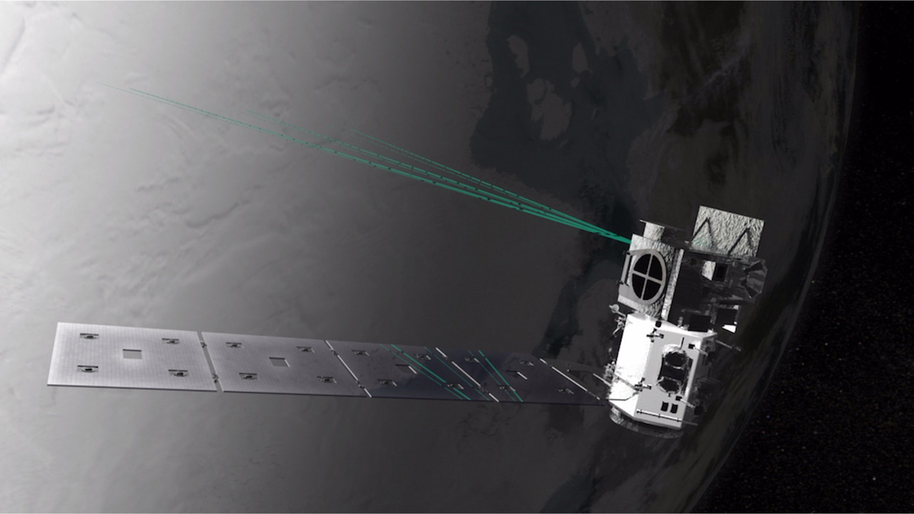 This artist's concept shows a representation of NASA's Ice, Cloud and land Elevation Satellite-2 (ICESat-2) and its six-beam scanning pattern.