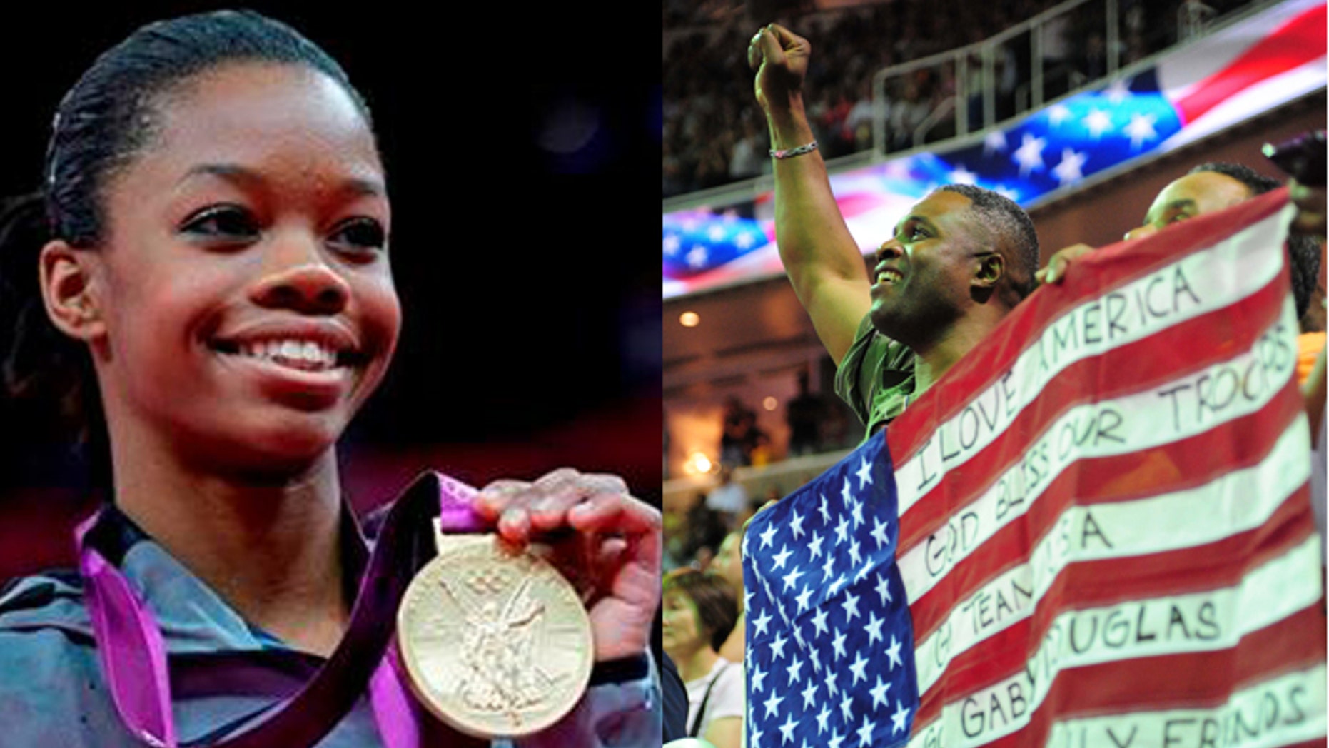 When Gabby Douglas won Olympic gold, her father (r.) couldn't be there to see it in person. But Air Force Staff Sgt. Timothy Douglas watched her qualify for the U.S. team back in June. (AP, US Presswire)