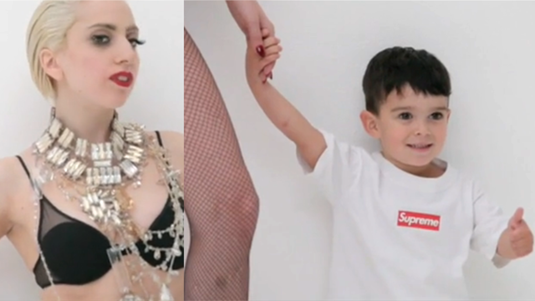 Lady Gaga and a small child in her Supreme photo shoot. (YouTube)