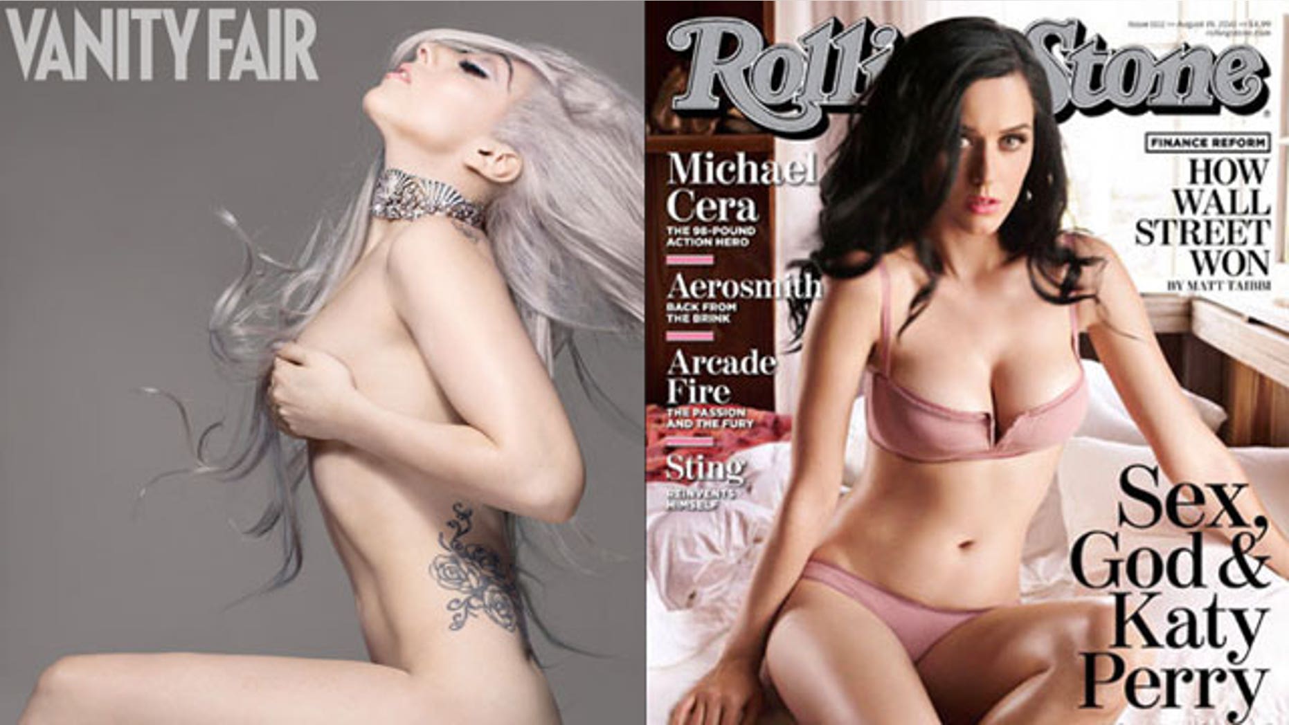 Lady Gaga and Katy Perry posed in men's magazine type photo spreads for traditionally tamer publications. (Vanity Fair/Rolling Stone)
