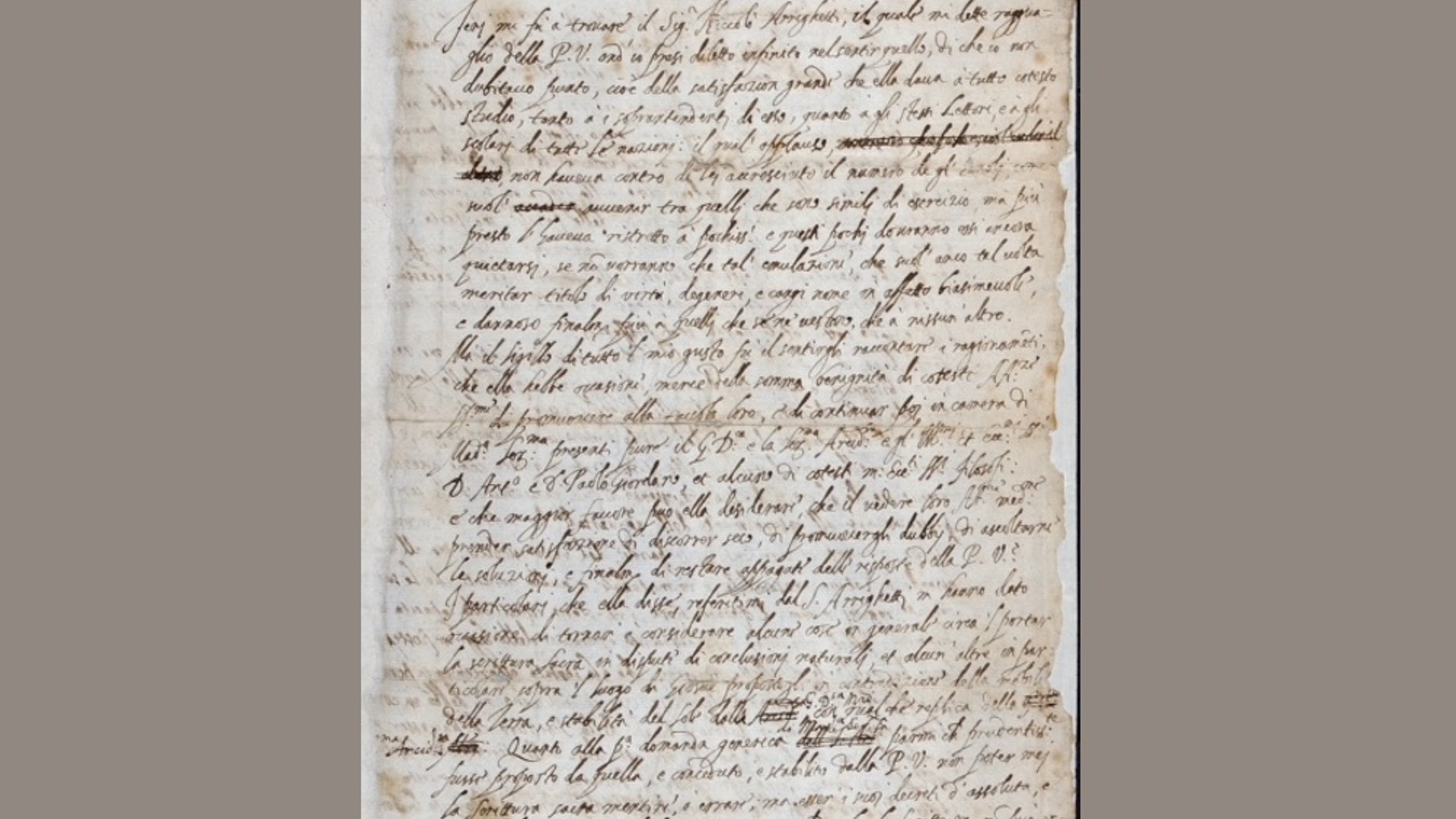 The long-lost letter from Galileo Galilei, dated Dec. 21, 1613, addressed to Padre Benedetto Castelli. The letter was found in the Royal Society archives.