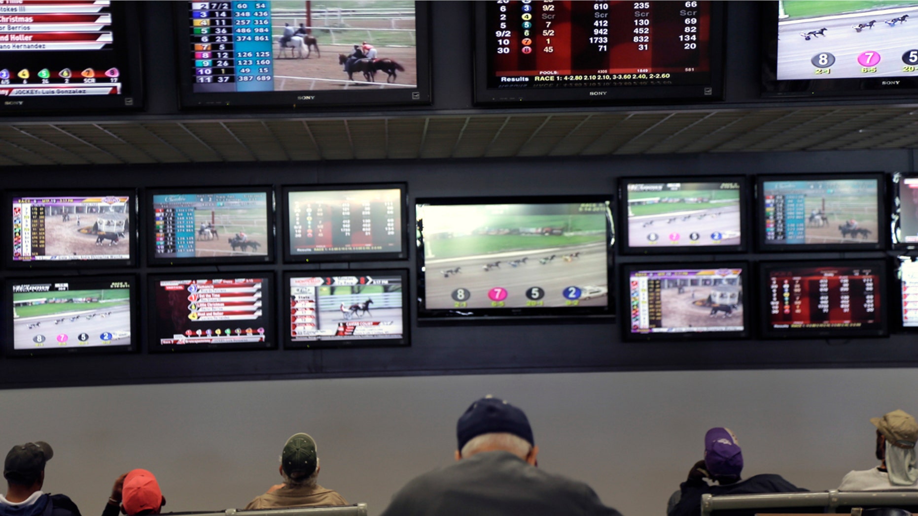 Men watch horse racing on screens at Monmouth Park in Oceanport, N.J.