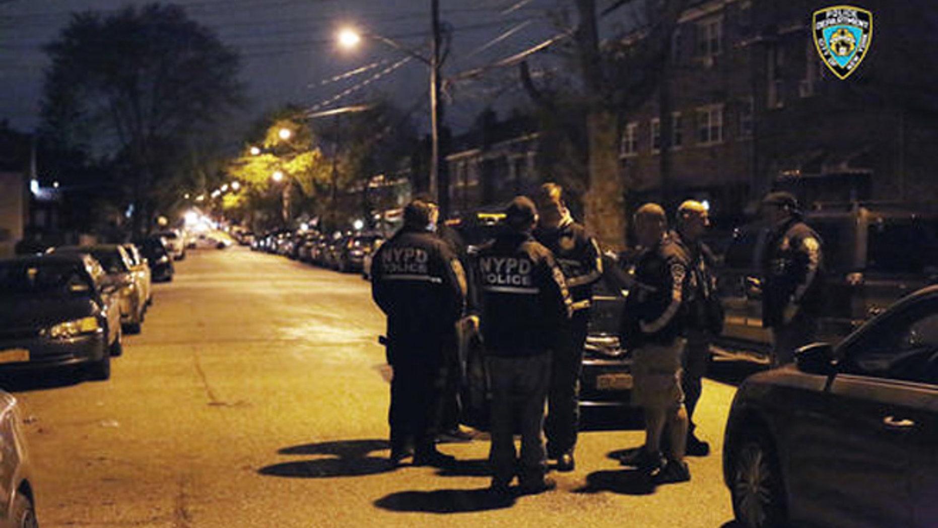 In this photo provided by the New York City Police Department, officers gather at a location in the Bronx borough of New York during a takedown of two rival drug gangs in the early hours of Wednesday, April 27, 2016.