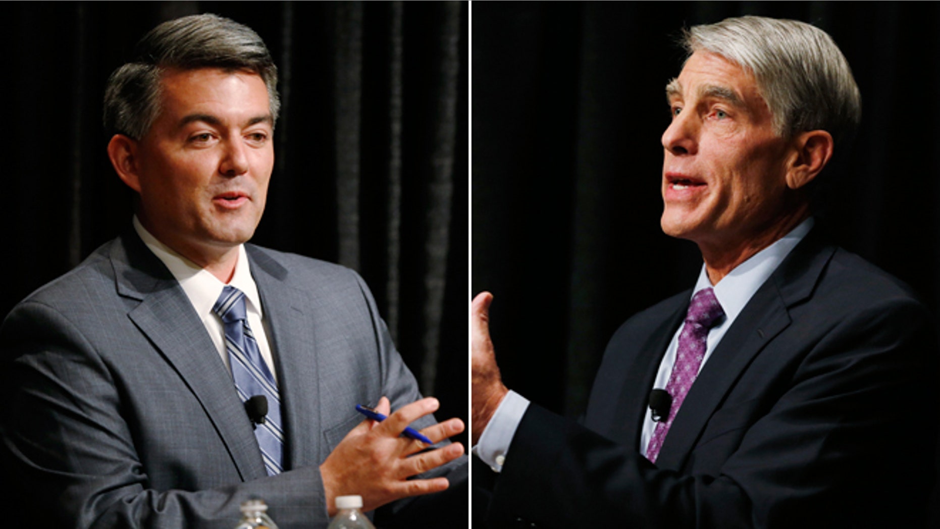 These Tuesday, Oct. 7, 2014 photos show U.S. Rep. Cory Gardner, R-Colo., and U.S. Sen. Mark Udall, D-Colo., during a debate at The Denver Post in Denver, Colo.