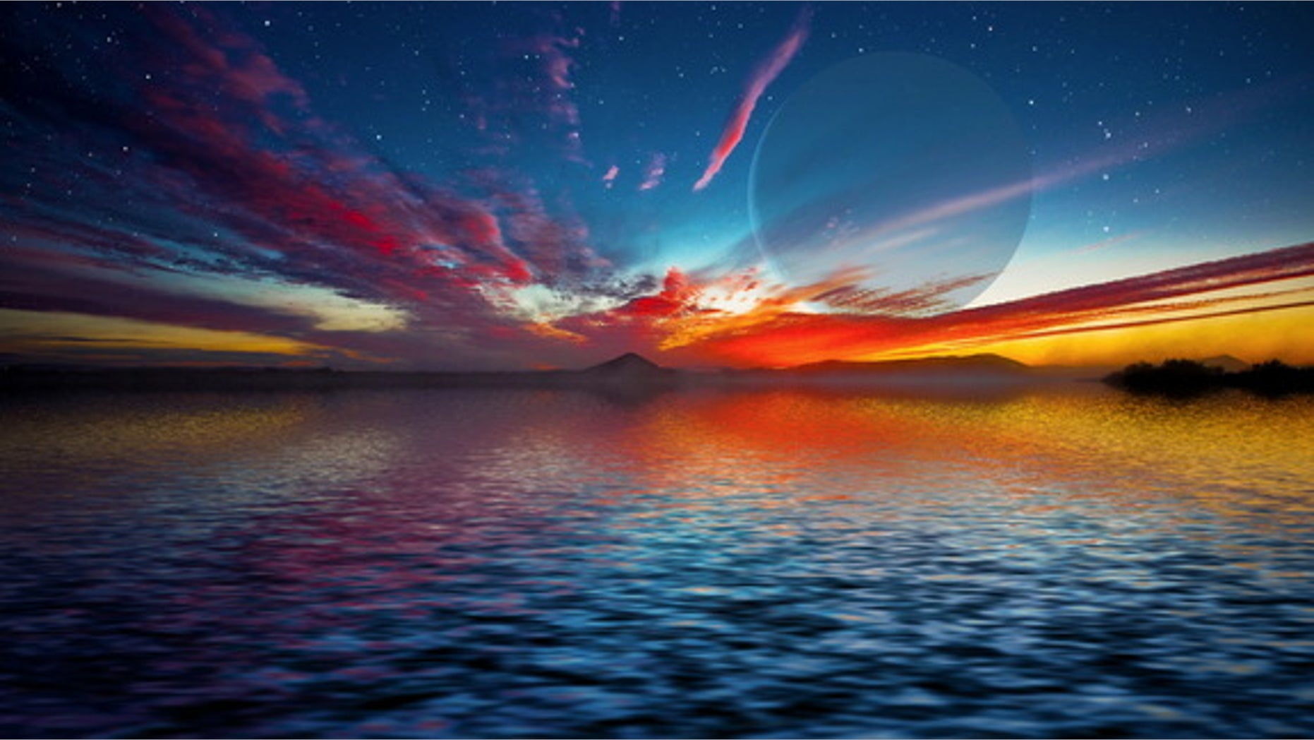 This artist’s depiction shows a gas giant planet rising over the horizon of an alien waterworld. New research shows that oceans on super-Earths, once established, can last for billions of years.