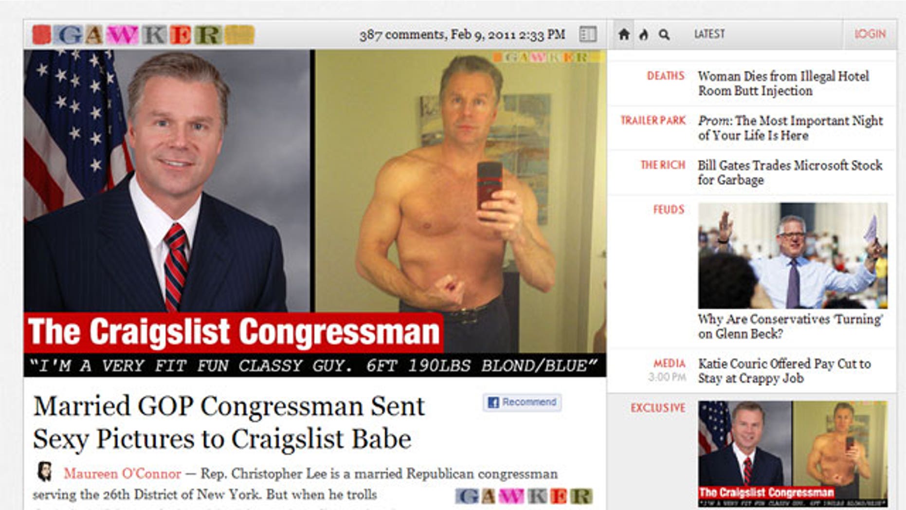 Rep. Christopher Lee resigned after the gossip site Gawker published a story claiming he sent a shirtless photo of himself to a woman on Craigslist. (Gawker)