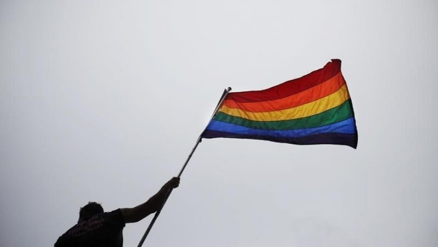 A man holds a flag as he takes part in an annual Gay Pride Parade in Toronto