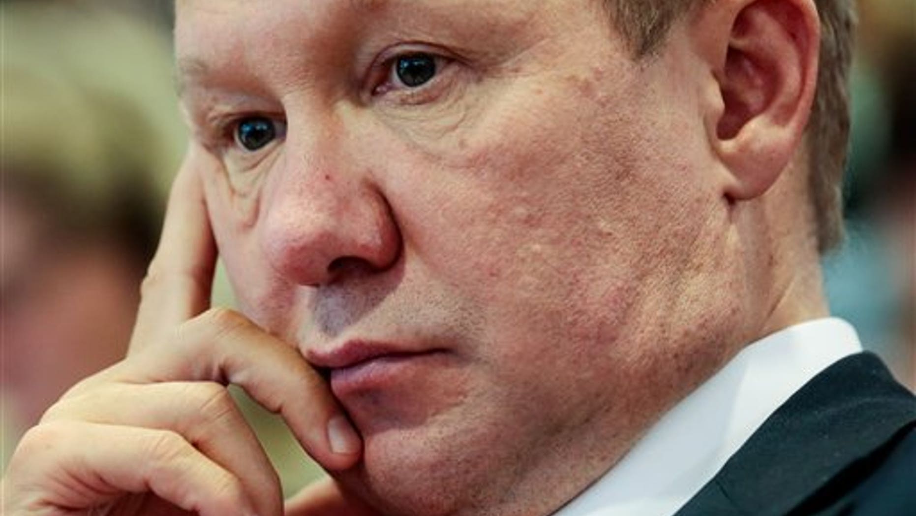 Alexey Miller, CEO of the Russian energy supplier Gazprom, listens during a press conference as part of a meeting of the European Union energy commissioner Guenther Oettinger Russia's energy minister Alexander Novak and Ukraine's energy minister Yuri Prodan in Berlin, Friday, May 30, 2014. (AP Photo/Markus Schreiber)