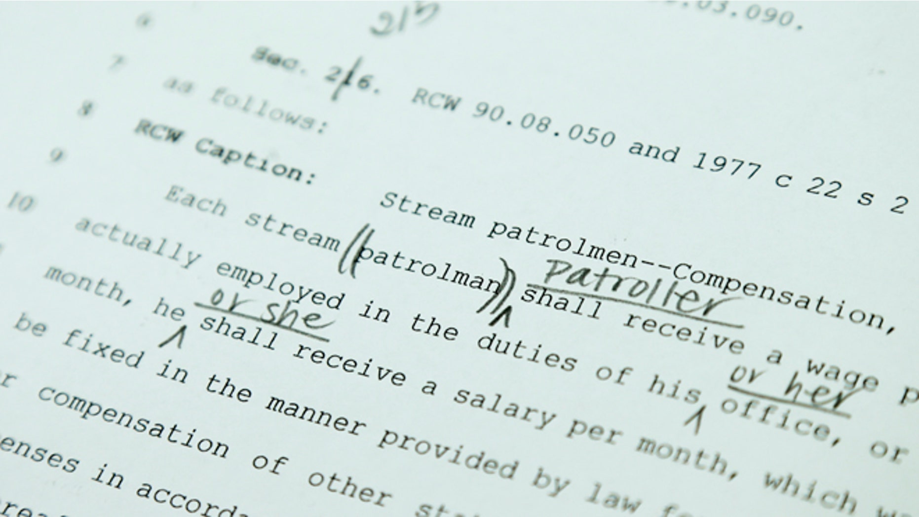Jan. 30, 2013: Text from printed piece of legislation is shown with corrections to make it gender-neutral, in the state of Washington's code revision office. Washington state legislators are nearing the completion of a multiyear project to replace thousands of references to male-centric words in state law with gender-neutral terms.