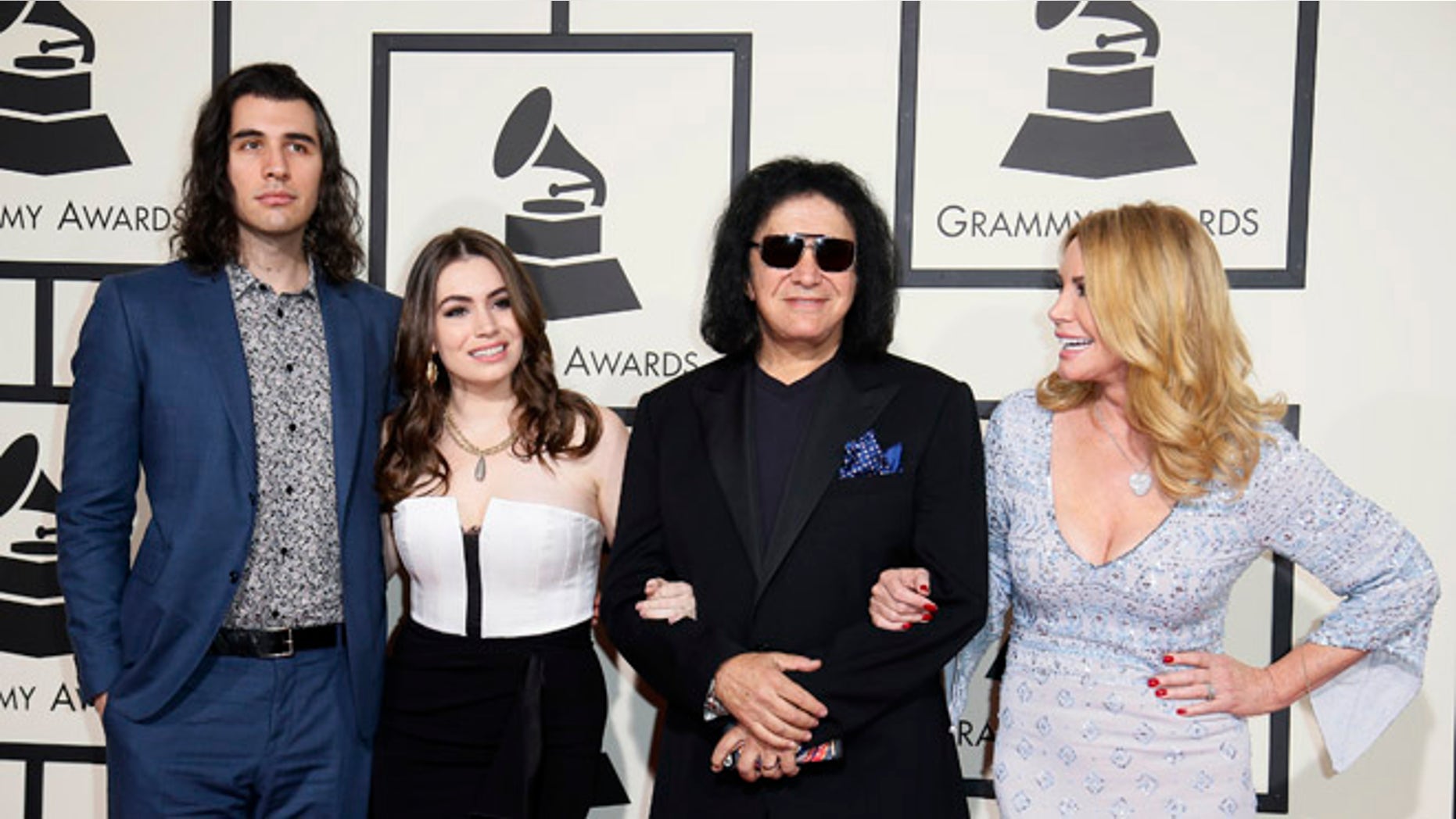 Feb, 2016. Gene Simmons with children, Nick and Sophie and wife Shannon Tweeds at the Grammy Awards.