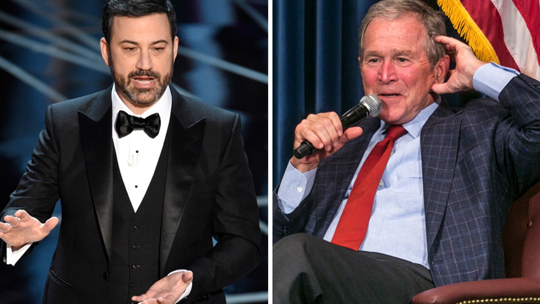 George W. Bush (right) appeared on "Jimmy Kimmel Live" on March 2, 2017 to promote his new book "Portraits of Courage: A Commander in Chief's Tribute to America's Warriors." He also praised the late night host's Oscars monologue