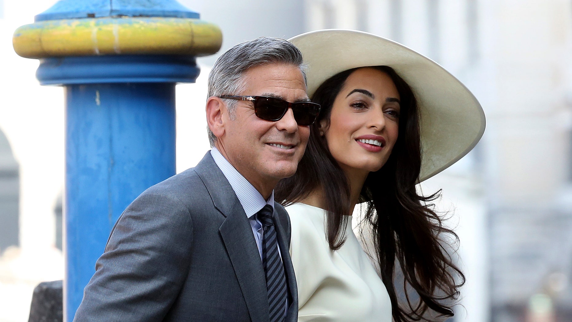 September 29, 2014. George Clooney and his wife Amal Alamuddin arrive at Venice city hall for a civil ceremony to formalize their wedding in Venice.