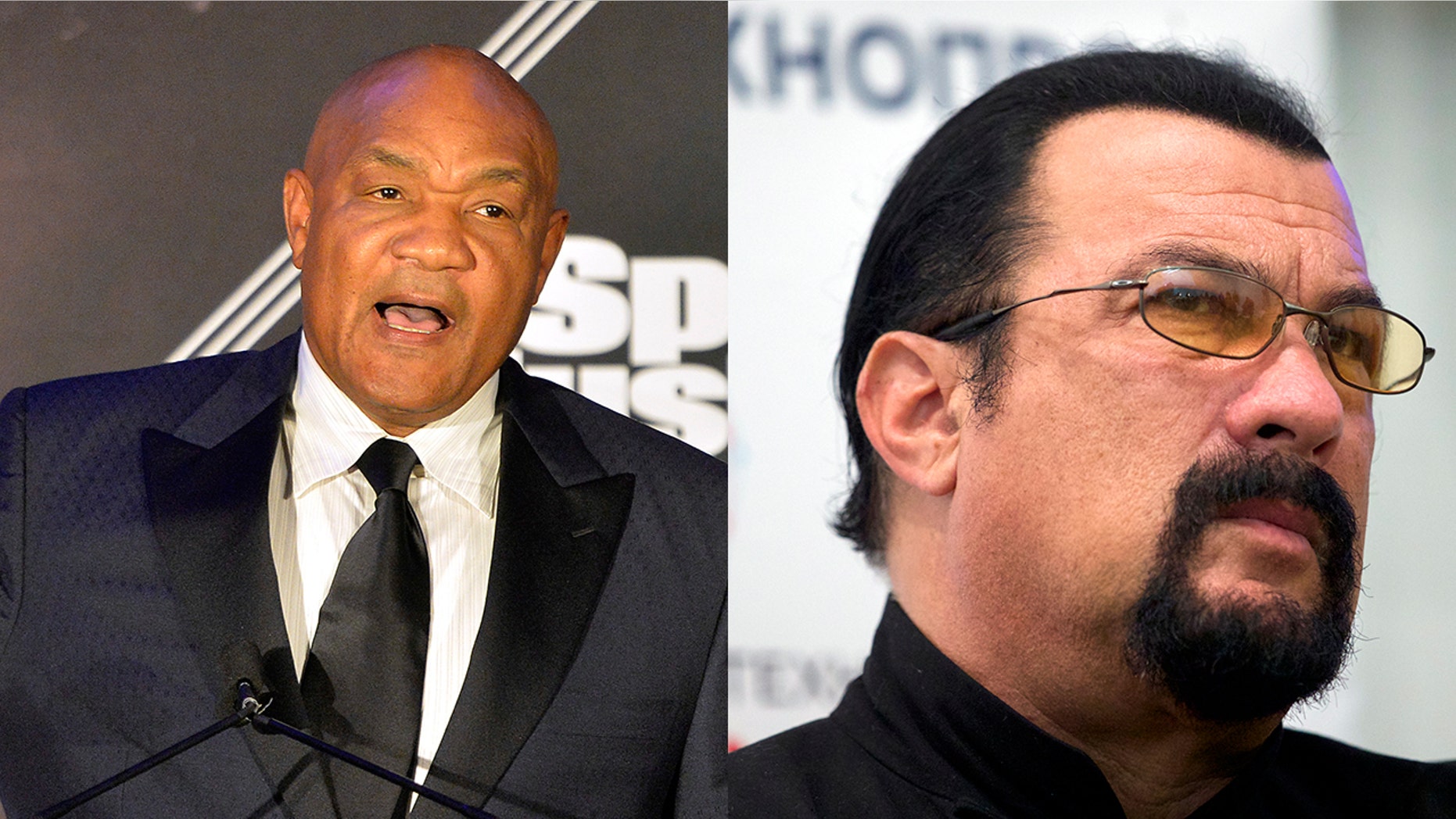 George Foreman, left, challenged Steven Seagal to a fight.