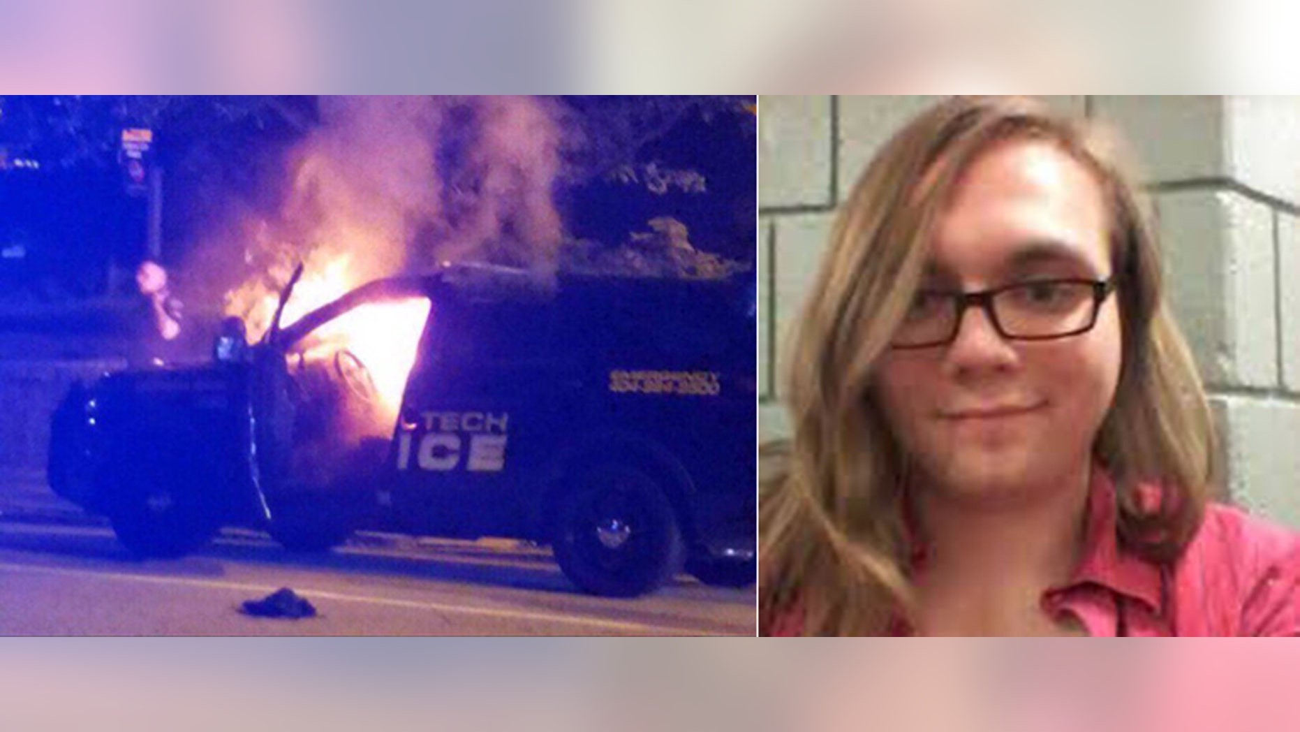 Protesters torched a Georgia Tech Police car after a vigil for Scout Schultz, right.