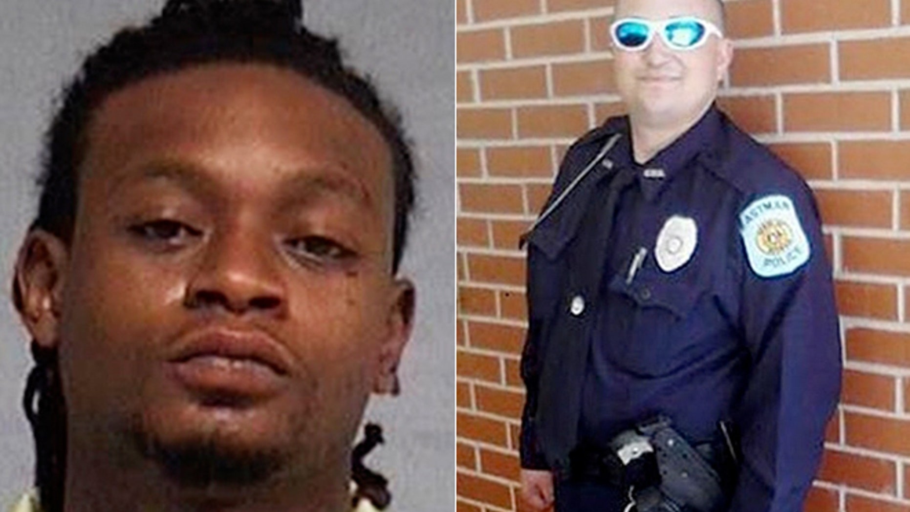 This undated photo provided by the Nassau County Sheriff's Office in Florida, shows the booking photo of 24-year-old Royheem Delshawn Deeds (left). Authorities say Deeds killed Eastman Patrol Officer Tim Smith (right) on Aug. 13, 2016, in a residential area of that city, which is about 60 miles southeast of Macon, Ga.