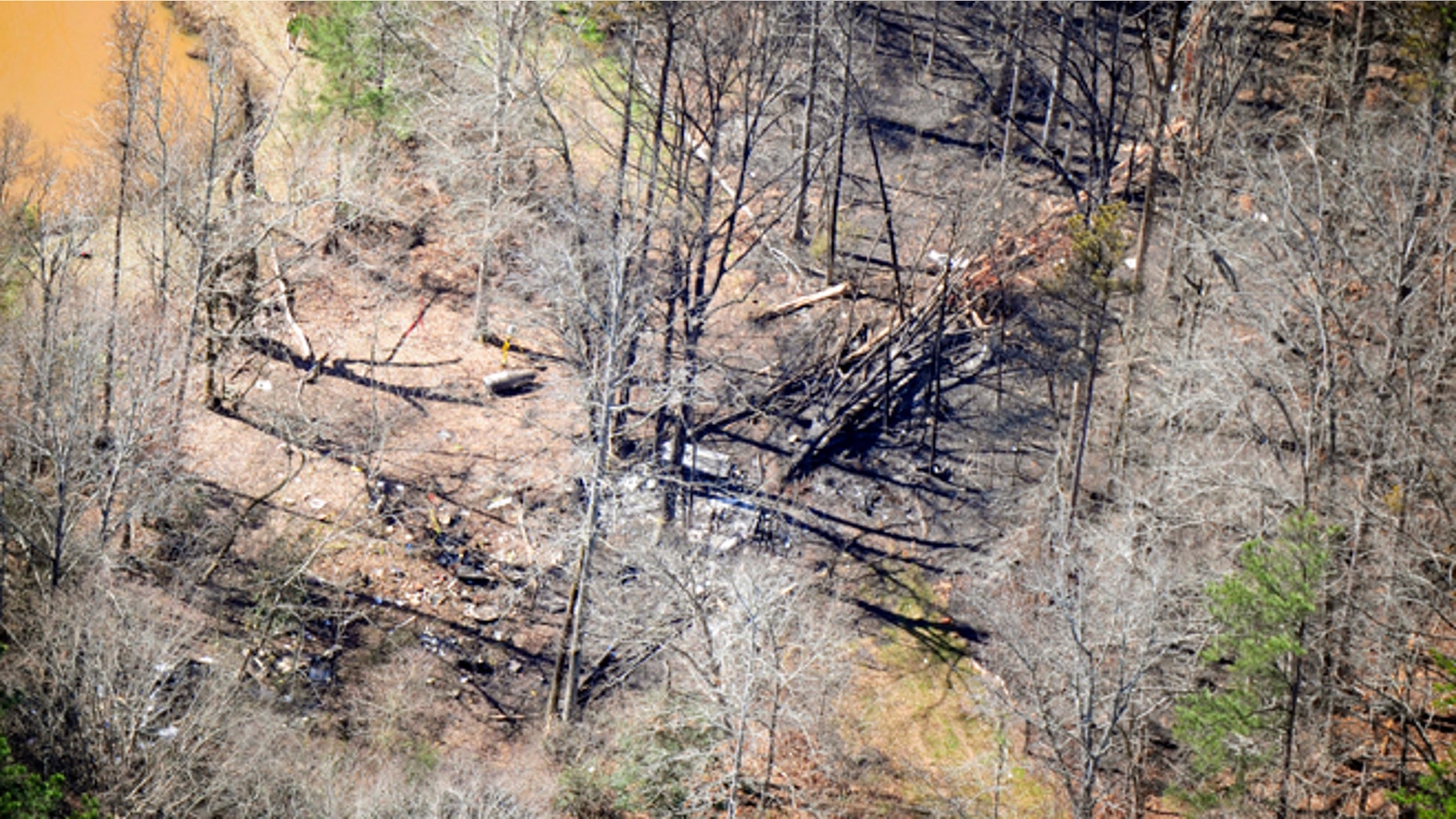Feb. 21, 2013: This aerial photograph shows the site of a private jet crash east of the Thomson-McDuffie County Airport in Thomson, Ga.