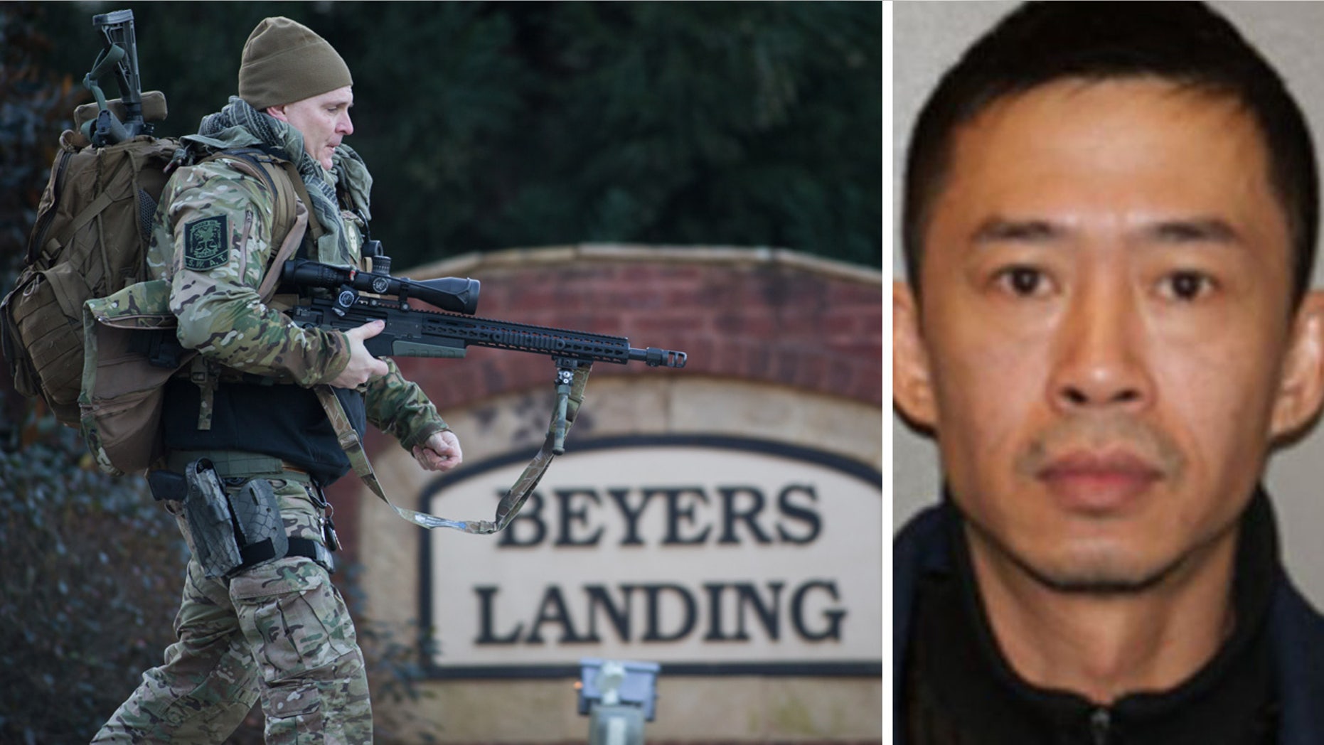 Jan. 6, 2016: At left, a police officer wearing tactical gear walks toward the scene of a hostage situation in Buford, Ga. At right, a Nov. 20, 2015 photo shows suspect Thy Ho (Branden Camp/Atlanta Journal-Constitution via AP/Georgia Bureau of Investigation)