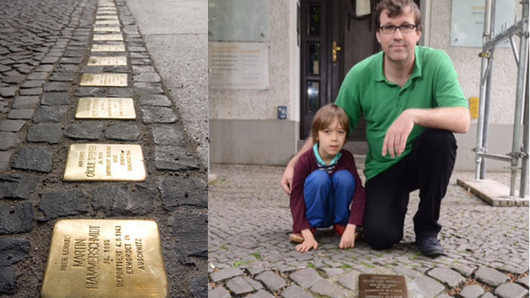 Markus Hesselmann and his son, Juri, view one of the plaques that commemorate victims of the Holocaust.