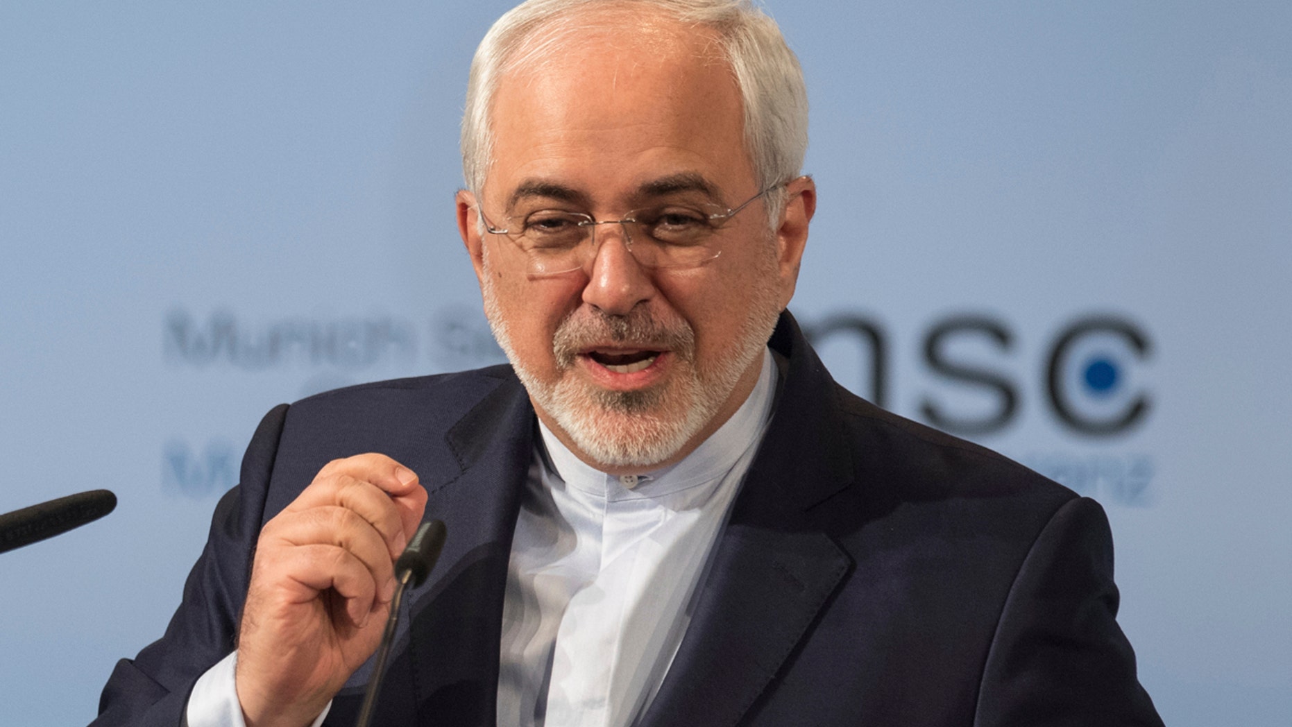 Iran Foreign Minister Mohammad Javad Zarif speaks on the last day of the Munich Security Conference in Munich, southern Germany, Sunday, Feb. 18, 2017. (Matthias Balk//dpa via AP)