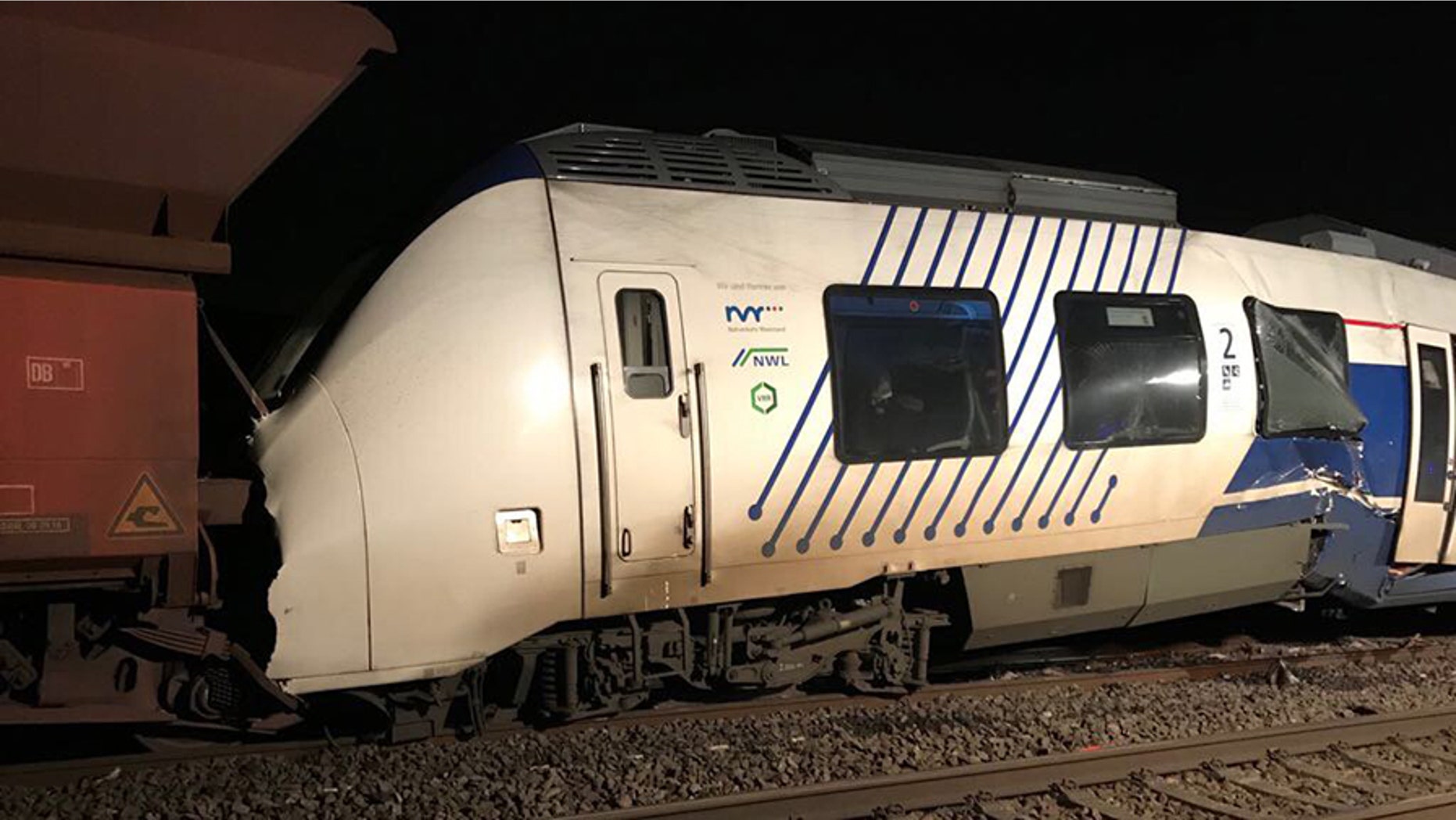 A passenger train hit a freight train in Germany Tuesday, leaving possibly 50 people injured, police said.