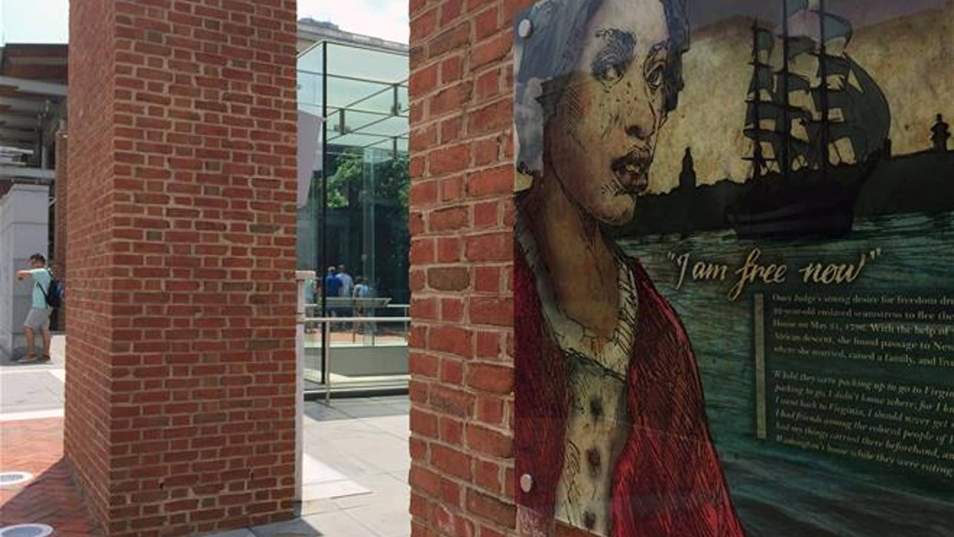 A display tells the story of Oney Judge, also known as Ona Judge, in Philadelphia. (AP Photo/Beth J. Harpaz)