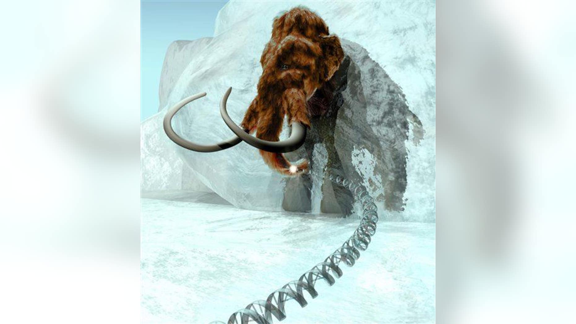 A 3D computer-generated image produced by ExhibitEase LLC shows a woolly mammoth emerging from ice block.