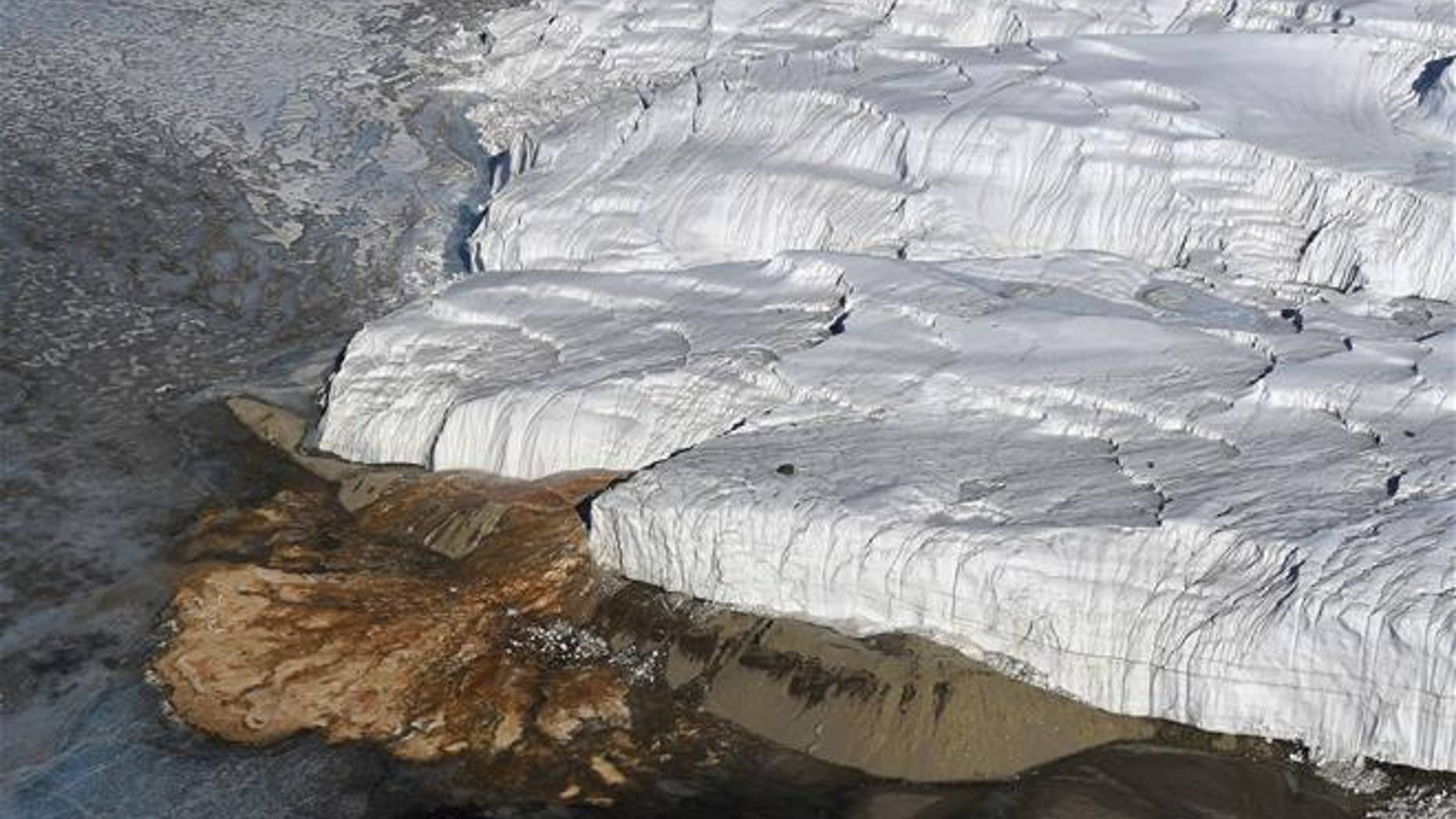 This Nov. 11, 2016, file photo shows Blood Falls, bottom left, and Taylor Glacier.